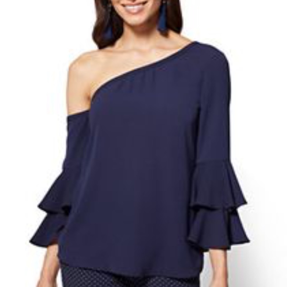 New York and Company one shoulder ruffle blouse
